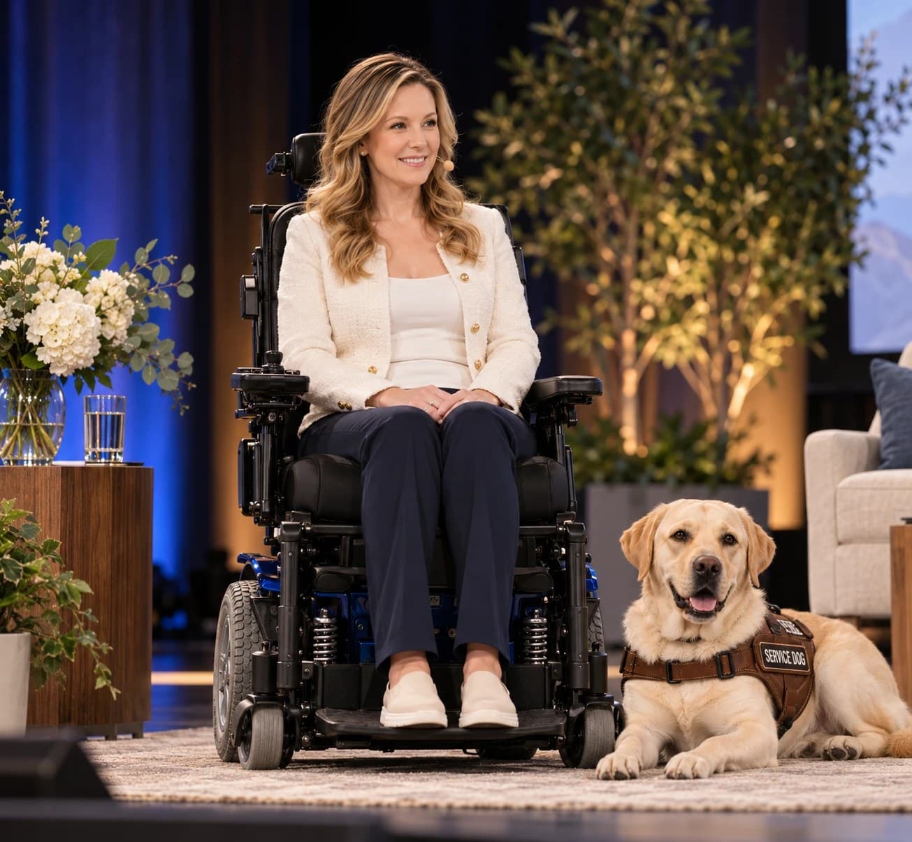 AmiLynne “Babs” Carroll on stage in her wheelchair, with her service dog, Beau, lying beside her
