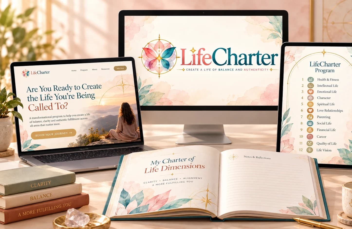 The LifeCharter Program welcome page, 12-dimension contents and the My Charter of Life Dimensions workbook