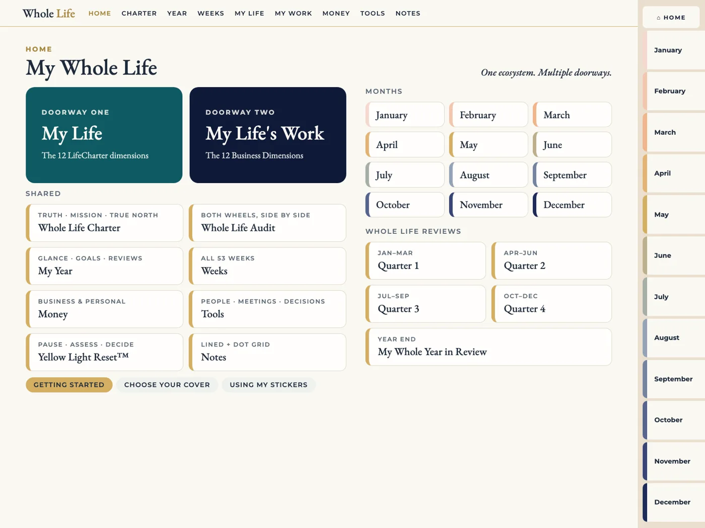 Whole Life Planner home page with its two doorways